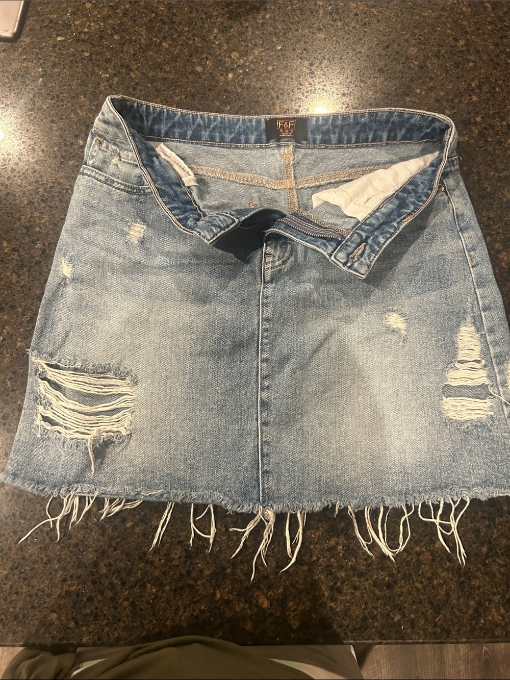 F&F Light Blue Distressed Denim Mini Skirt with Frayed Hem and Rips